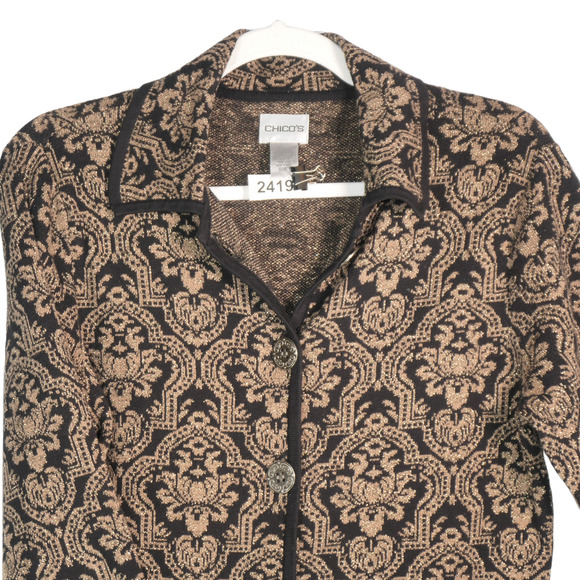 Chicos Cardigan Sweater Womens Small Brown Gold Black Cuffed Sleeve Buttoned - Picture 2 of 11